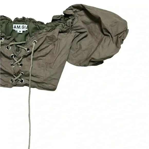 I AM GIA Green Off Shoulder Puff Sleeve Lace Up Corset Cropped Crop Top M - Picture 4 of 8